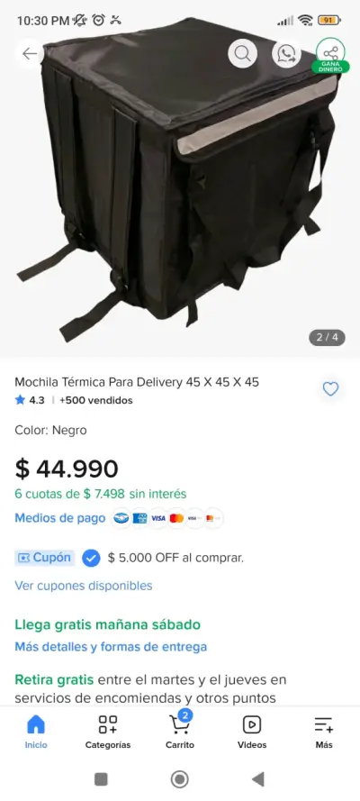 Mochila térmica para delivery 45x45x45 cm negra - miniatura 3