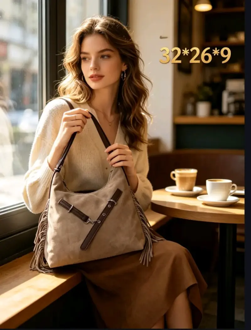 Cartera/mochila beige con flecos boho elegante - 3