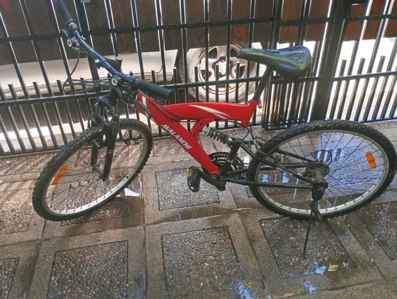 Bicicleta de montaña Avalanche roja con suspensión