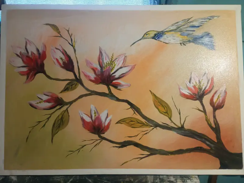 Cuadro Pintado a Mano con Flores y Colibrí