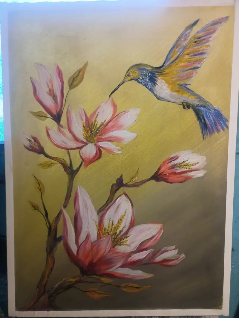Cuadro Pintado a Mano de Colibrí y Flores