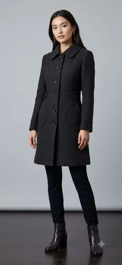 Abrigo de lana negro para mujer con botones - miniatura 4