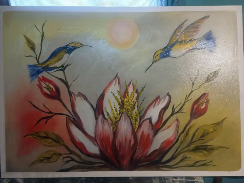 Cuadro Pintado a Mano con Colibríes y Flor