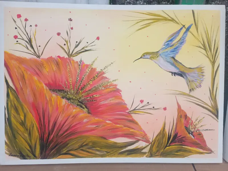 Cuadro Pintado a Mano con Colibrí y Flores