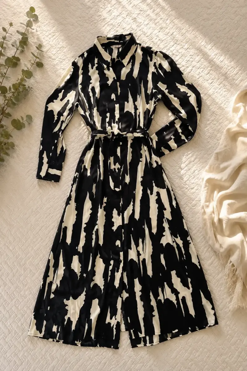 Vestido camisero largo estampado blanco y negro - 2