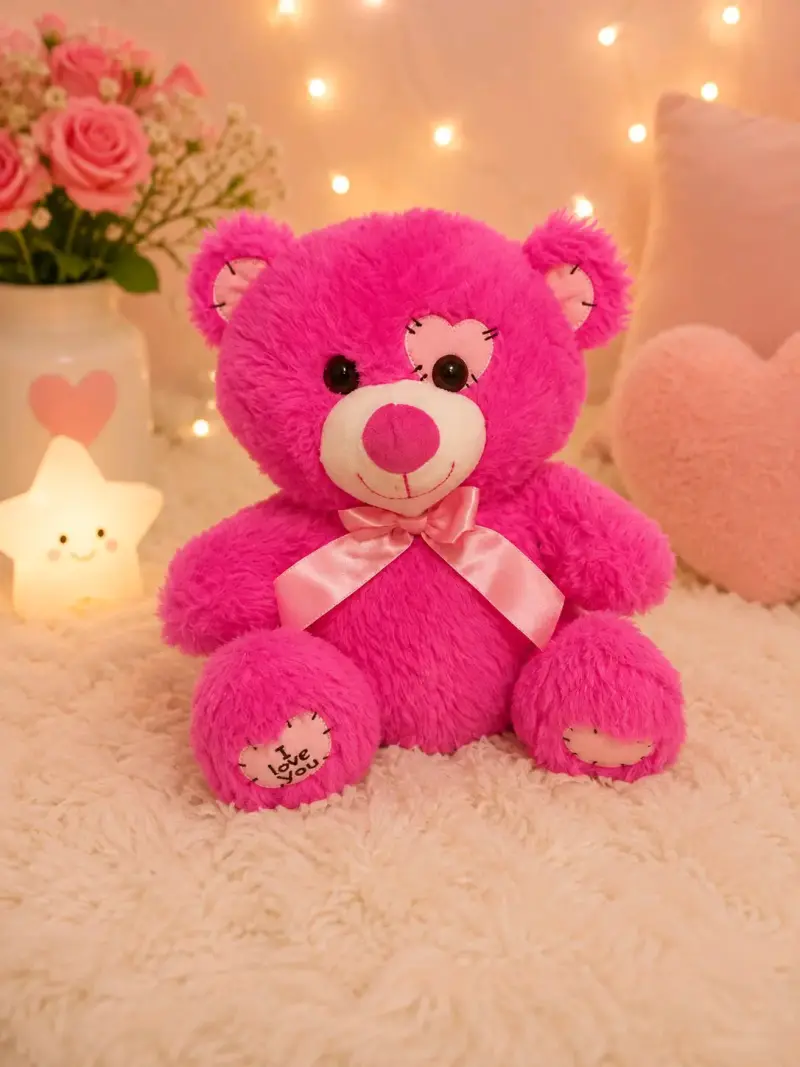 Peluche de oso rosa con lazo decorativo - 4