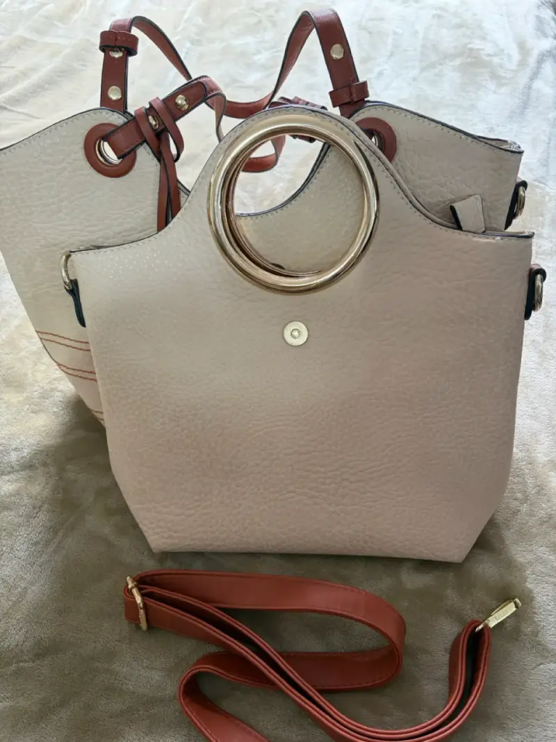 Bolso de mano doble beige con detalles marrones - 2