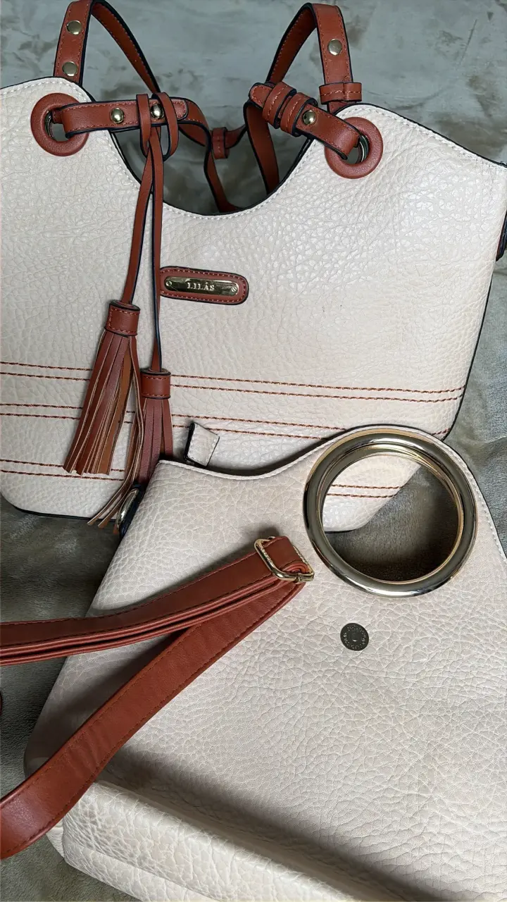 Bolso de mano doble beige con detalles marrones - 3