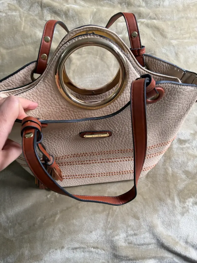 Bolso de mano doble beige con detalles marrones - 4