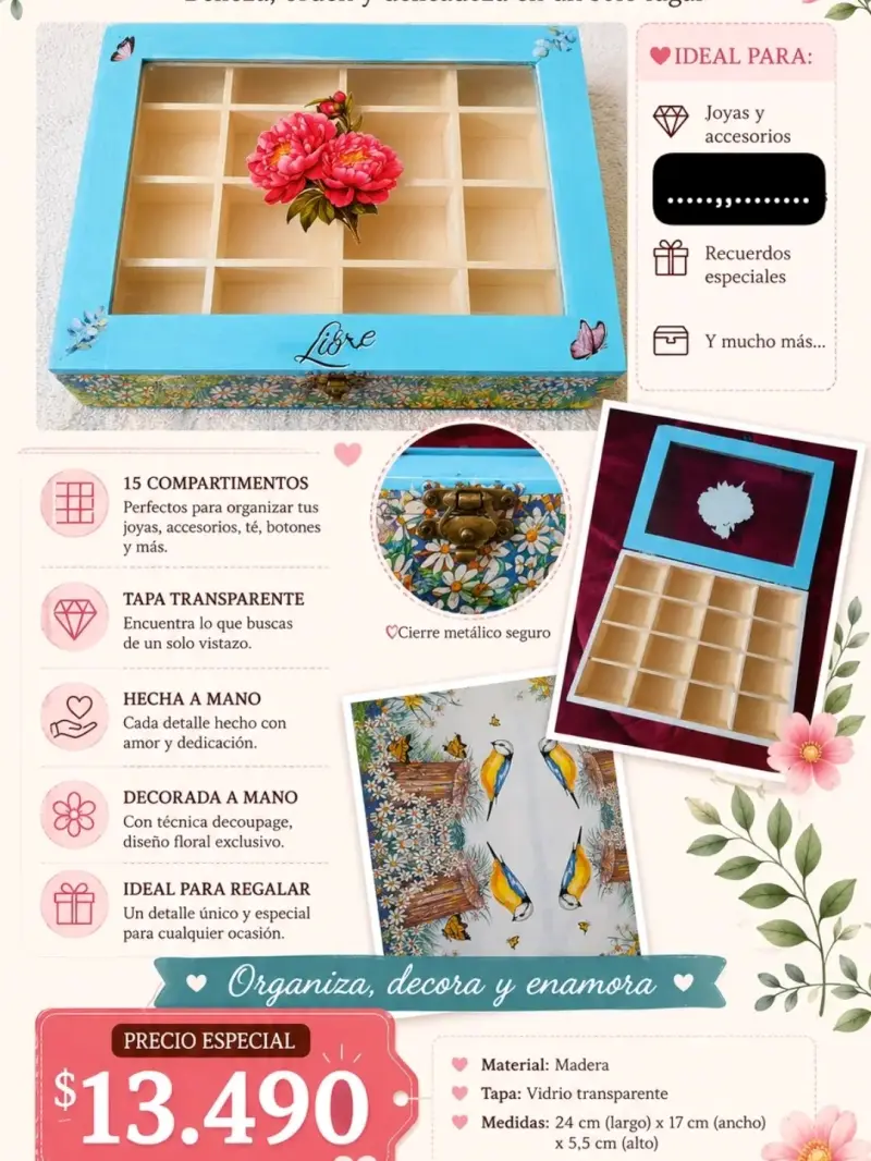 Caja organizadora de madera con diseño floral