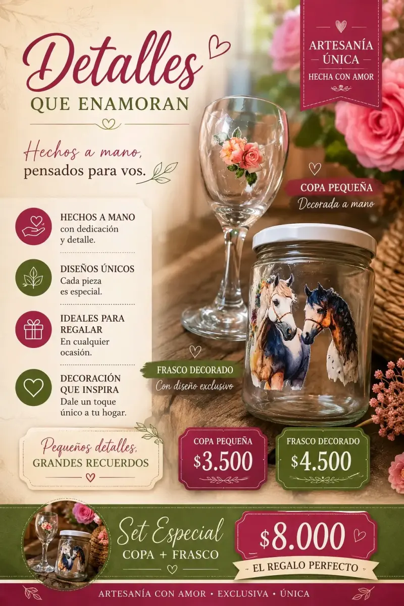 Set de copa y frasco decorados a mano