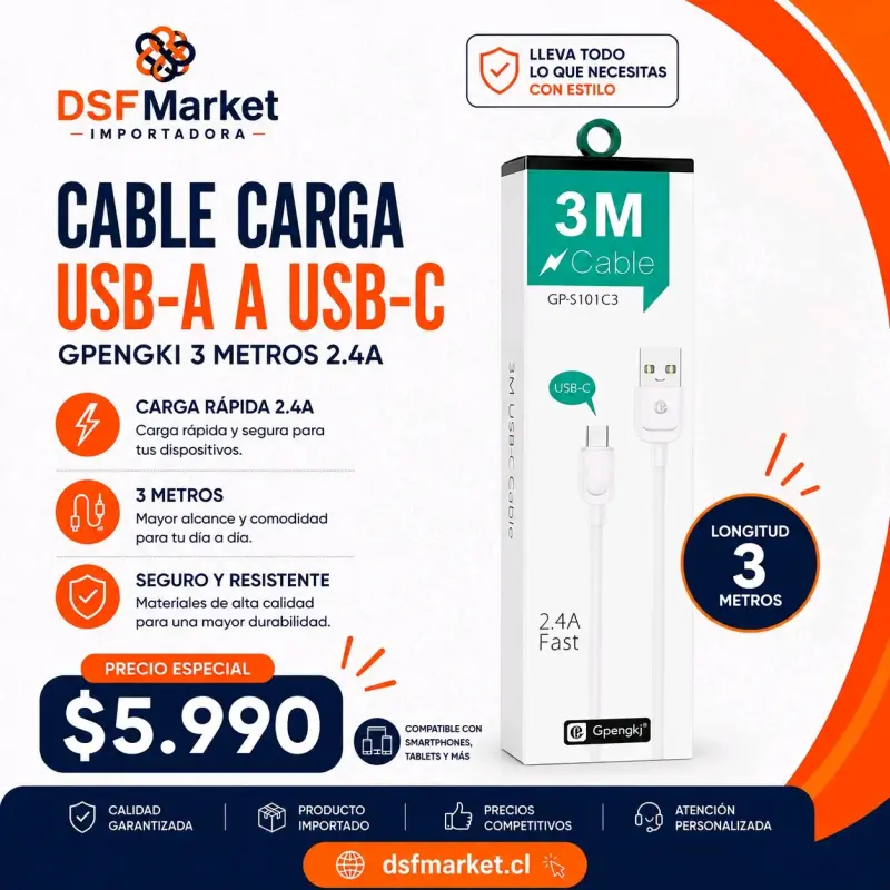 Cable de Carga USB-A a USB-C 3 Metros 2.4A