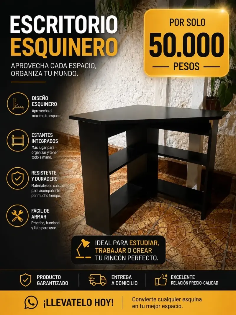 Escritorio Esquinero Negro con Estantes Integrados - 1