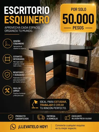 Escritorio Esquinero Negro con Estantes Integrados - miniatura 1