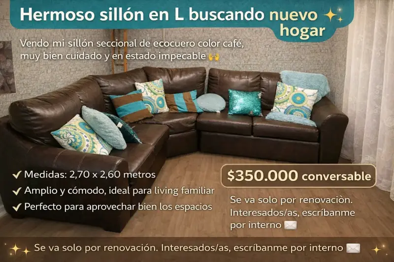 Sofá seccional en L de ecocuero café