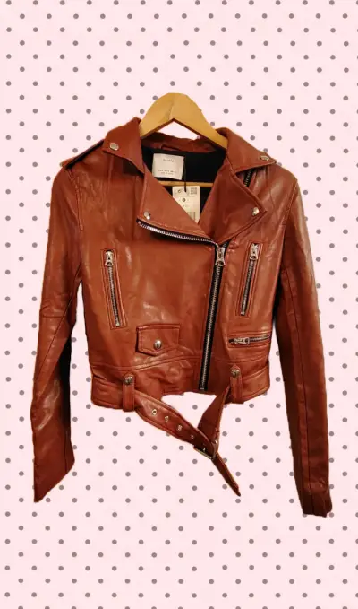 Chaqueta de cuero terracota estilo biker - miniatura 1