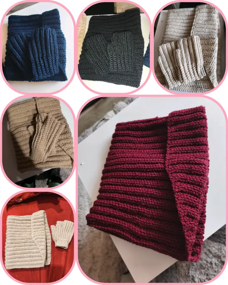 Set de bufanda y guantes tejidos en varios colores