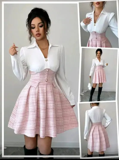 Vestido corto blanco y rosa con cintura alta - miniatura 1