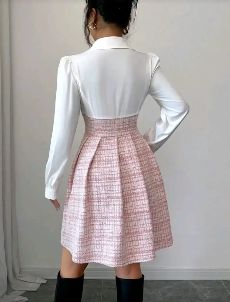 Vestido corto blanco y rosa con cintura alta - 2