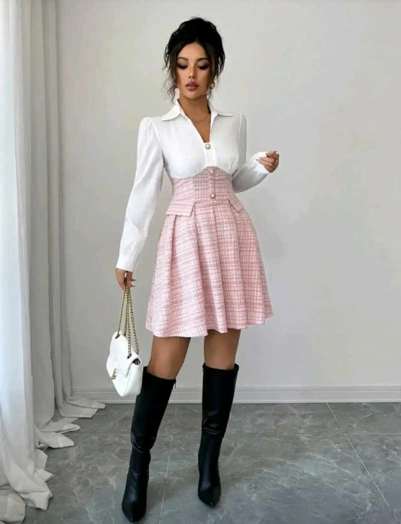 Vestido corto blanco y rosa con cintura alta - 3