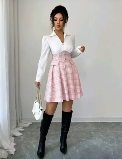 Vestido corto blanco y rosa con cintura alta - miniatura 3