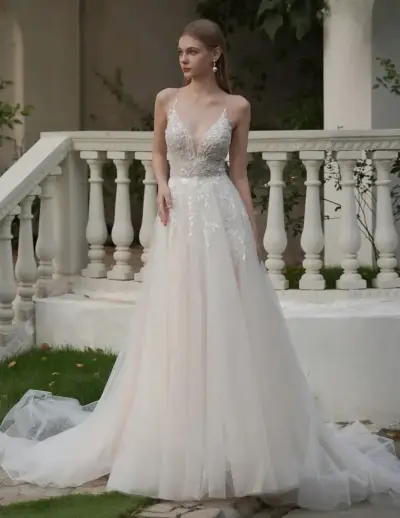Vestido de Novia Elegante con Encaje y Cola - miniatura 2