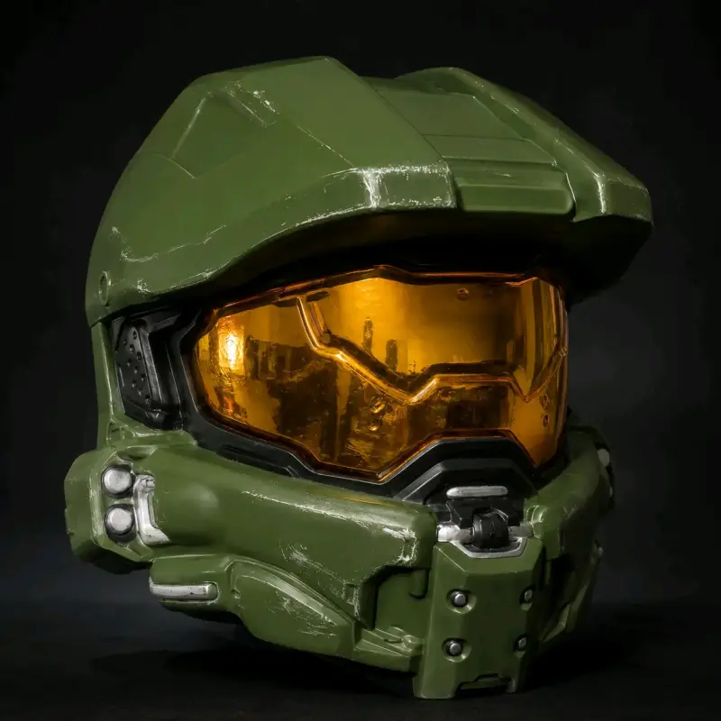 Casco réplica de colección verde con visor dorado