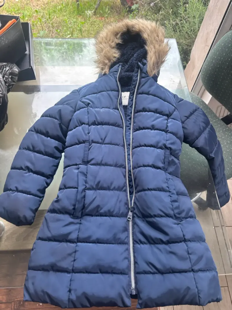 Parka de invierno azul con capucha de piel sintéti - 3