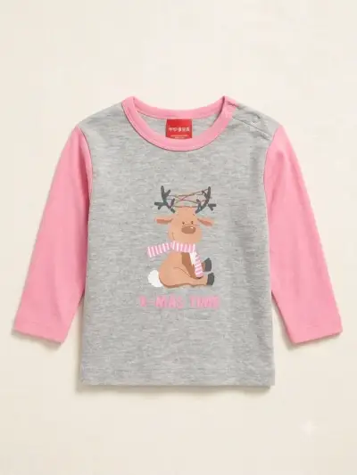Polera de bebé navideña gris y rosada - miniatura 1