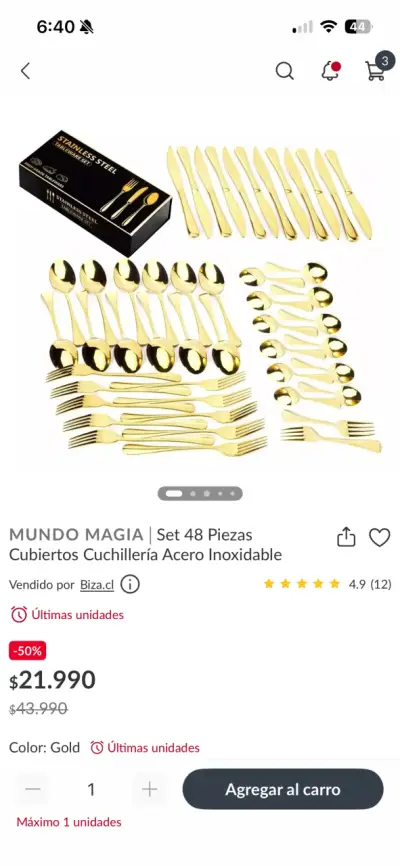 Set de Cubiertos de Acero Inoxidable Dorado 48 Piezas - miniatura 1