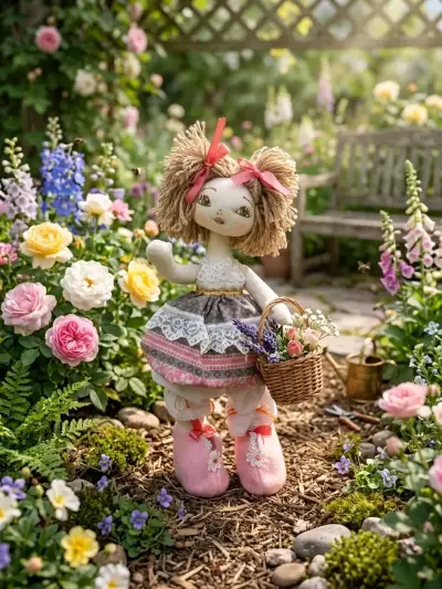 Muñeca de tela artesanal con vestido colorido - miniatura 1