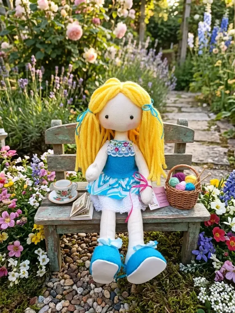 Muñeca de tela artesanal con vestido colorido - 5