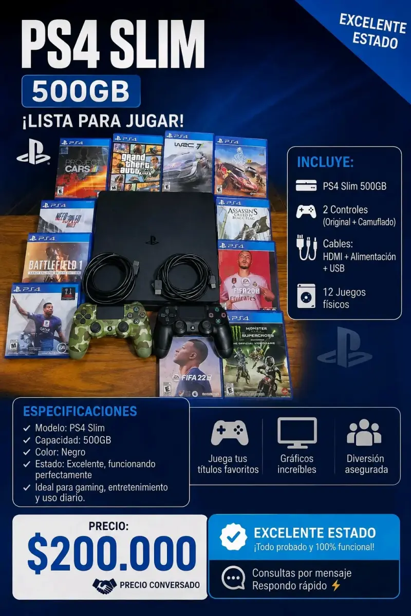 Consola PS4 Slim 500GB con 12 juegos y 2 controles - 1