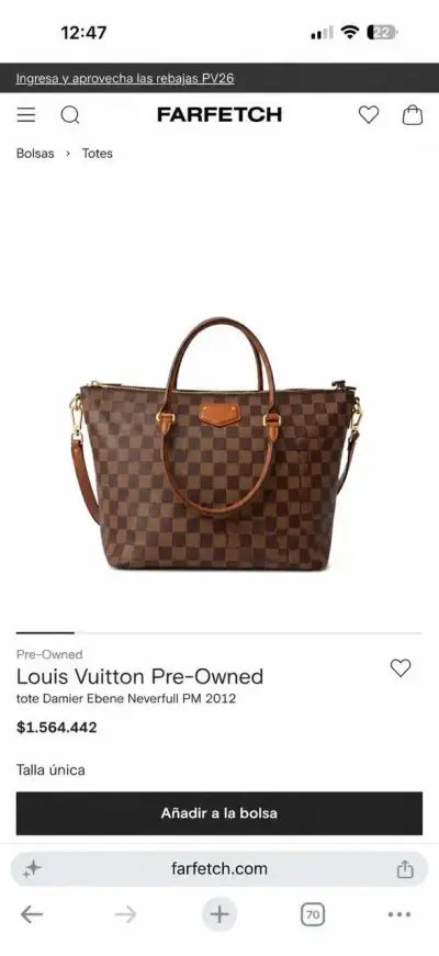 Bolso Tote Louis Vuitton Damier Ebene Neverfull PM - miniatura 1