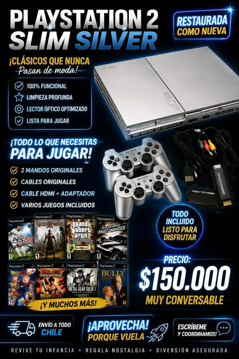 PlayStation 2 Slim Silver restaurada con juegos