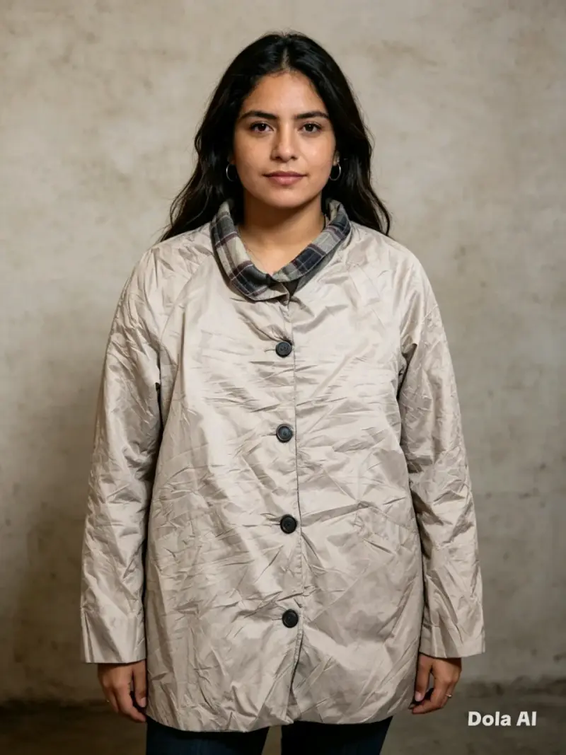 Abrigo beige con cuello a cuadros para mujer