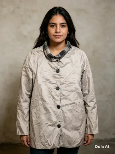 Abrigo beige con cuello a cuadros para mujer - miniatura 1