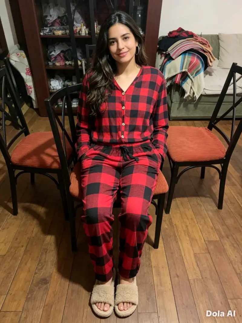 Pijama de franela a cuadros rojo y negro para mujer