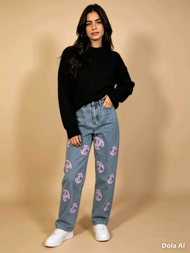 Jeans de Mujer con Estampado de Caras