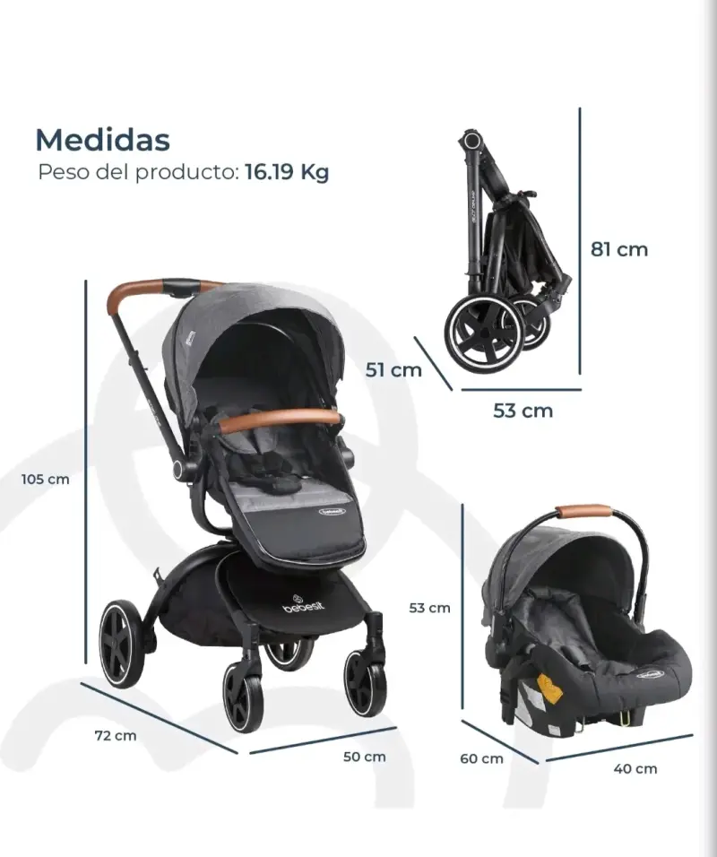 Coche de bebé Bebesit gris con capota ajustable - 3