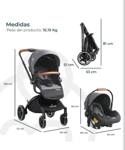 Coche de bebé Bebesit gris con capota ajustable - miniatura 3