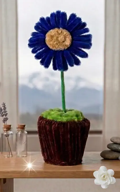 Flor decorativa de limpiapipas azul en maceta