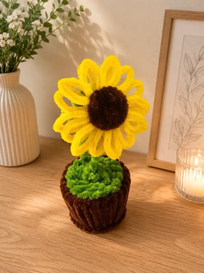 Decoración de girasol de limpiapipas en maceta