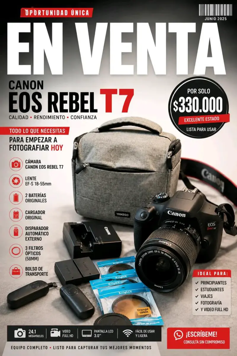 Cámara Canon EOS Rebel T7 con accesorios