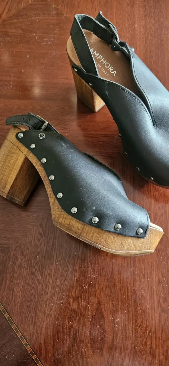 Sandalias de cuero negras Amphora con taco de madera - 2