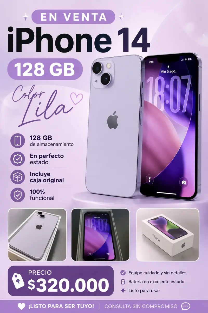 iPhone 14 128GB color lila en perfecto estado - 1