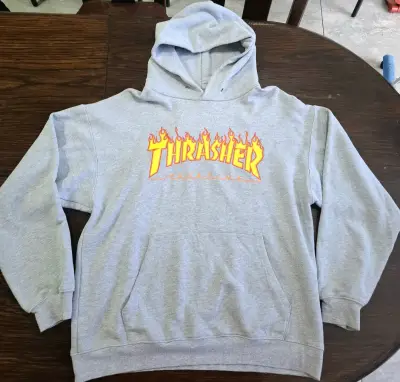 Polerón con capucha Thrasher gris logo llamas - miniatura 1