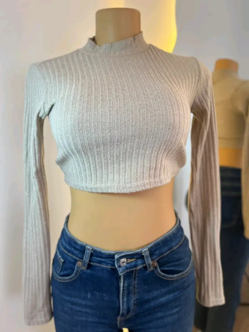 Polera de punto beige manga larga - 1