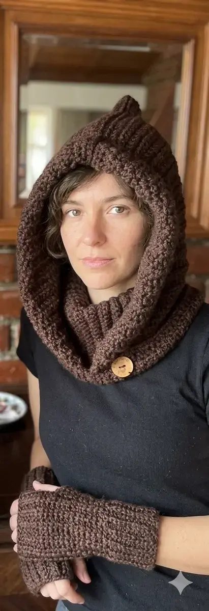 Conjunto capucuello y guantes tejidos a crochet