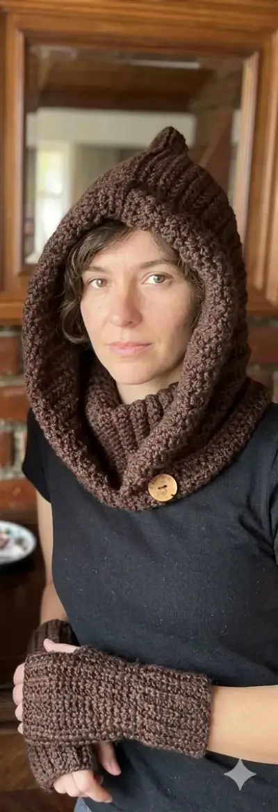 Conjunto capucuello y guantes tejidos a crochet - miniatura 1